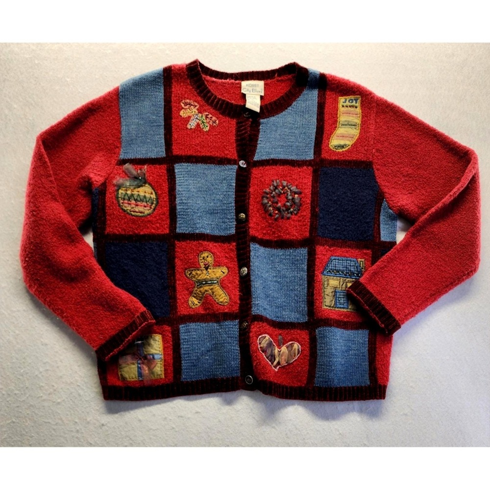 Koret City Blues Medium‎ Red Blue Patchwork Christmas Cardigan Sweater Wool